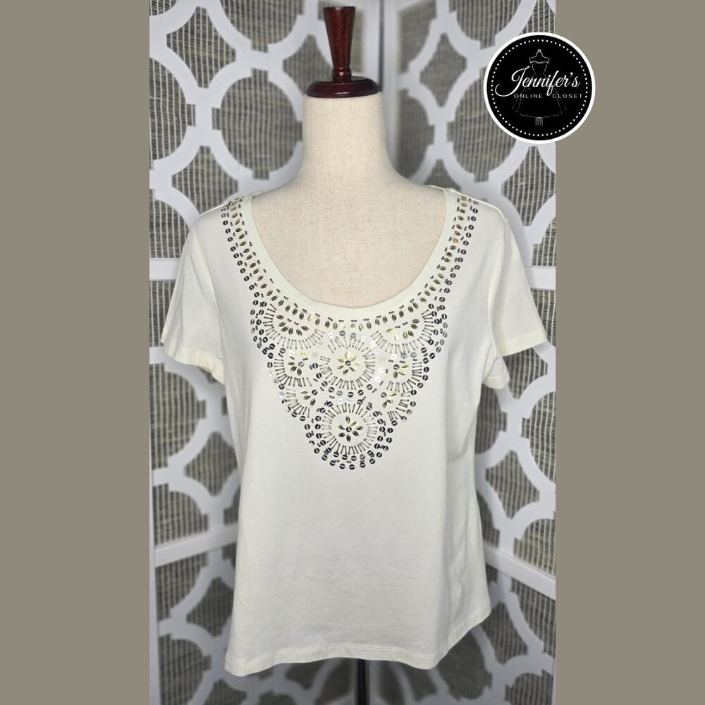 Laura Ashley Cream Beaded Sequin Scoop Neck Short Sleeve Top Size PL